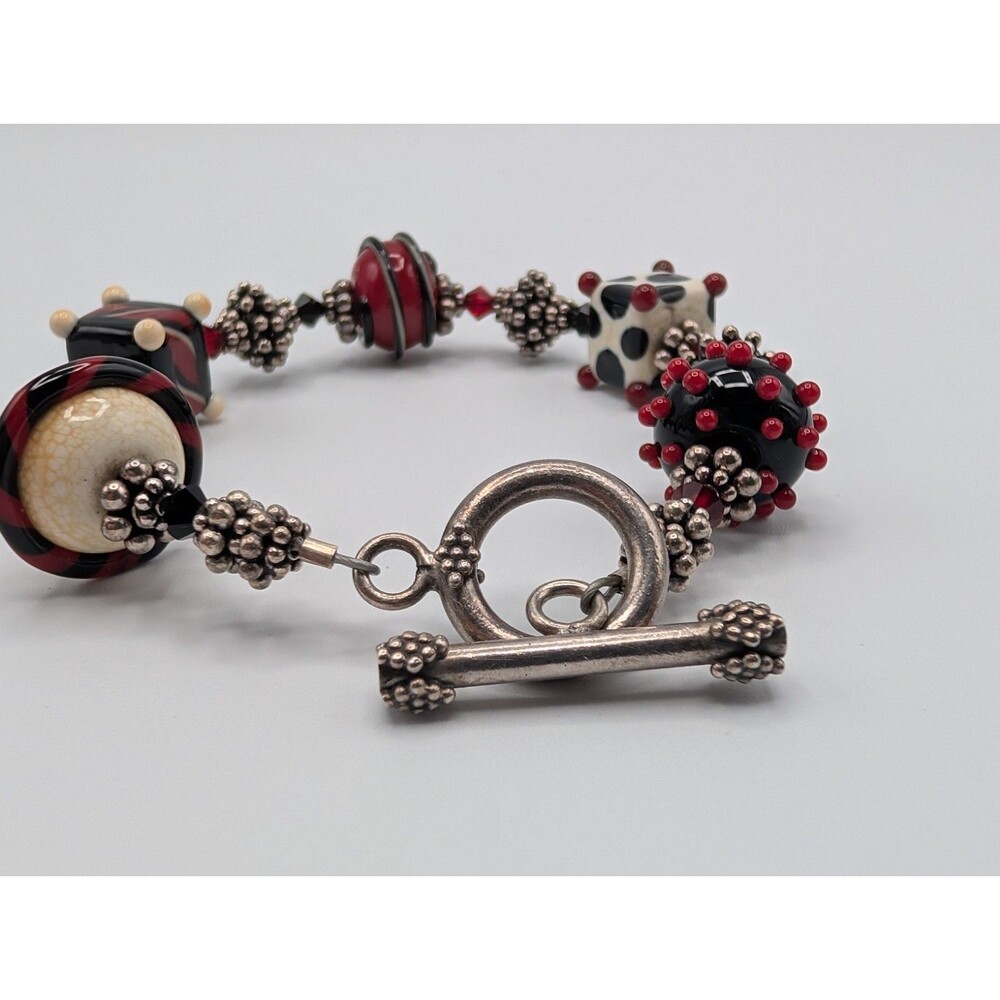Vtg Artisan Lampwork Glass Crystal Beads 925 Sterling Bracelet Necklace Set Goth image 3
